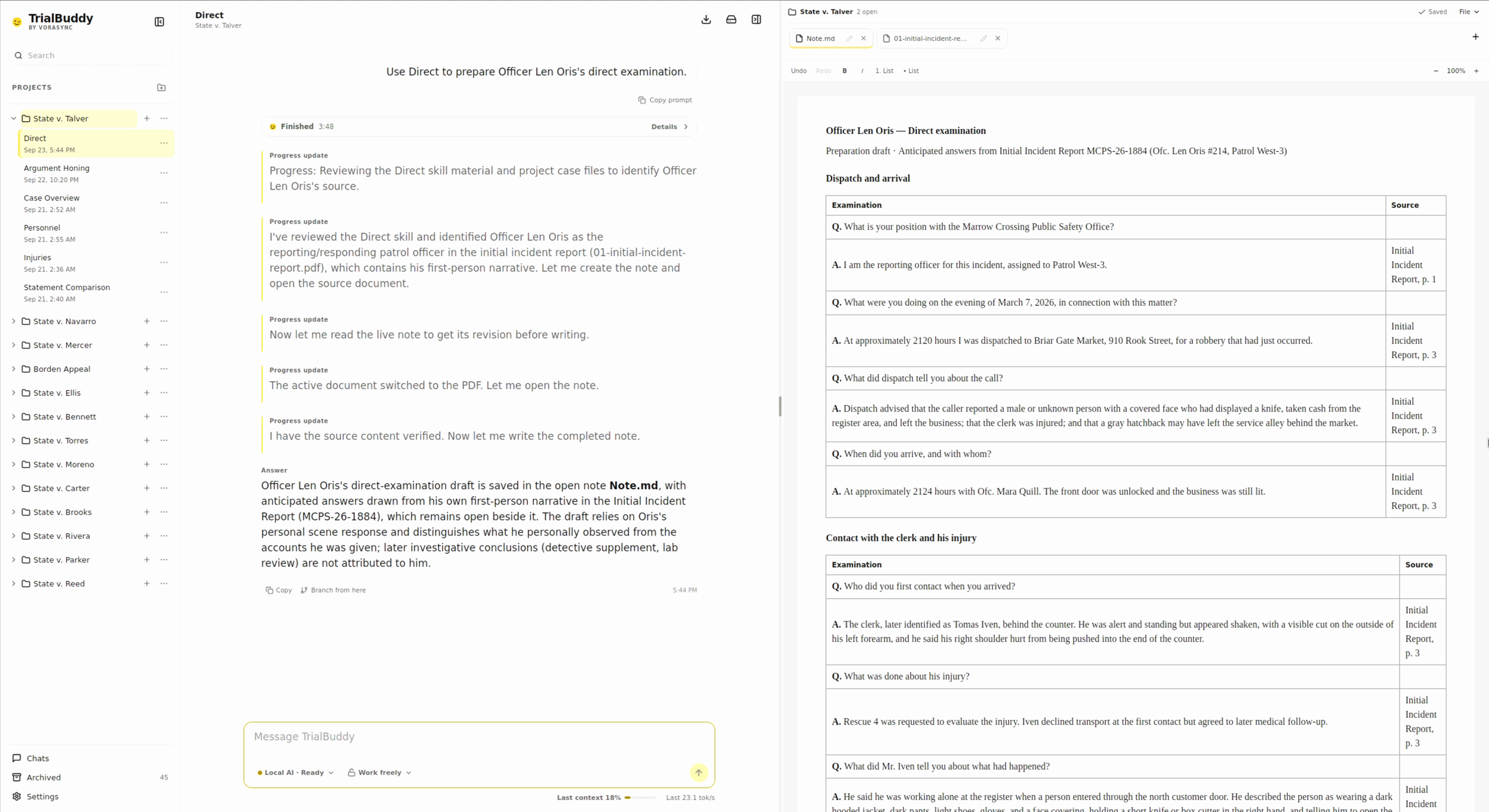 TrialBuddy’s completed direct examination draft for Officer Len Oris, with progress updates in the conversation and the editable note on the right.